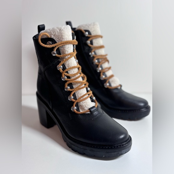 MARC FISHER Denise Lace Up Combat Boots Black Leather Sheep Fur Size 8 - Picture 1 of 16